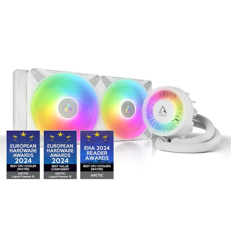 Arctic سائل فريزر III 280 A-RGB - مبرد مياه AIO لوحدة المعالجة المركزية، تبريد مياه للكمبيوتر، إنتل وأيه إم دي، مضخة تحكم PWM فعالة، مروحة: 200–1900 RPM، إطار اتصال LGA1851 وLGA1700 - أبيض - Image 1